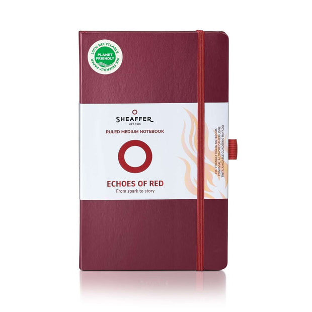 Sheaffer Echoes Of Red 90GSM Notebook, burgundy ruled medium notebook with elastic closure and flame design.