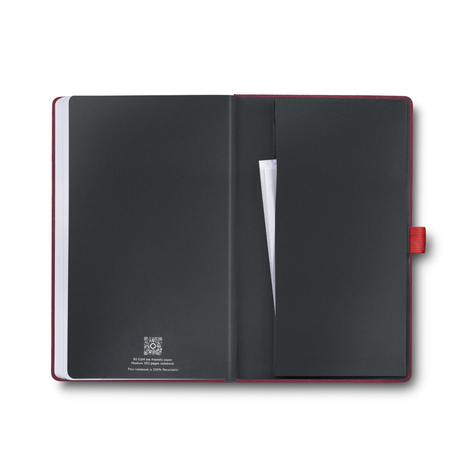 Inside view of the Sheaffer Echoes Of Red 90GSM Notebook displaying its black inner pages and pocket.