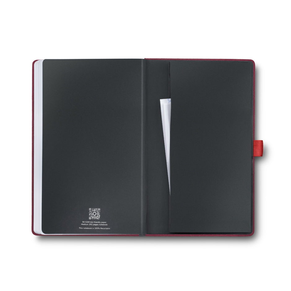 Inside view of the Sheaffer Echoes Of Red 90GSM Notebook displaying its black inner pages and pocket.