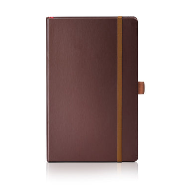 Sheaffer Echoes Of Red 90GSM Notebook with a durable Dark Brown hardbound cover and elastic band.
