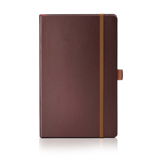 Sheaffer Echoes Of Red 90GSM Notebook with a durable Dark Brown hardbound cover and elastic band.