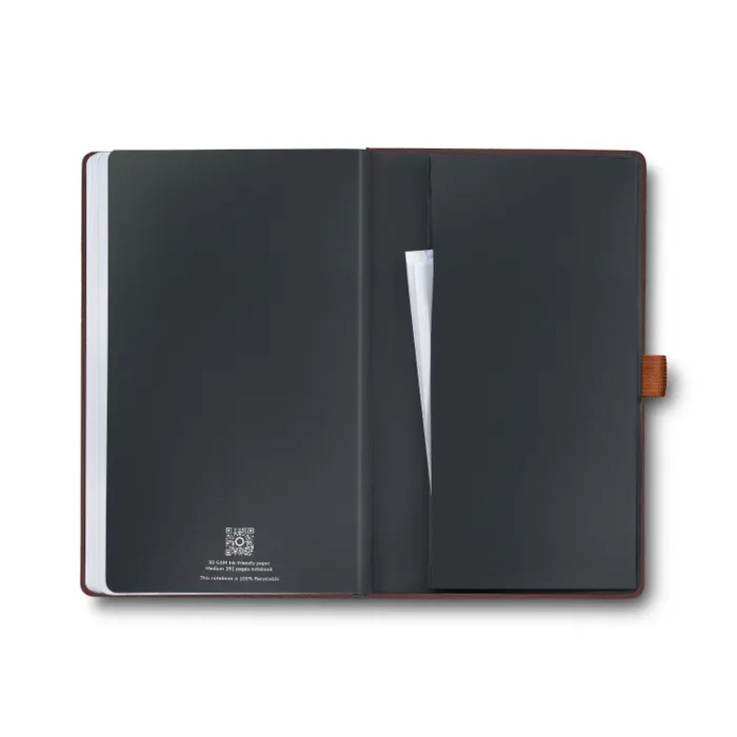 Interior view of Sheaffer Echoes Of Red 90GSM Notebook featuring dark brown hardbound cover and clean pages.