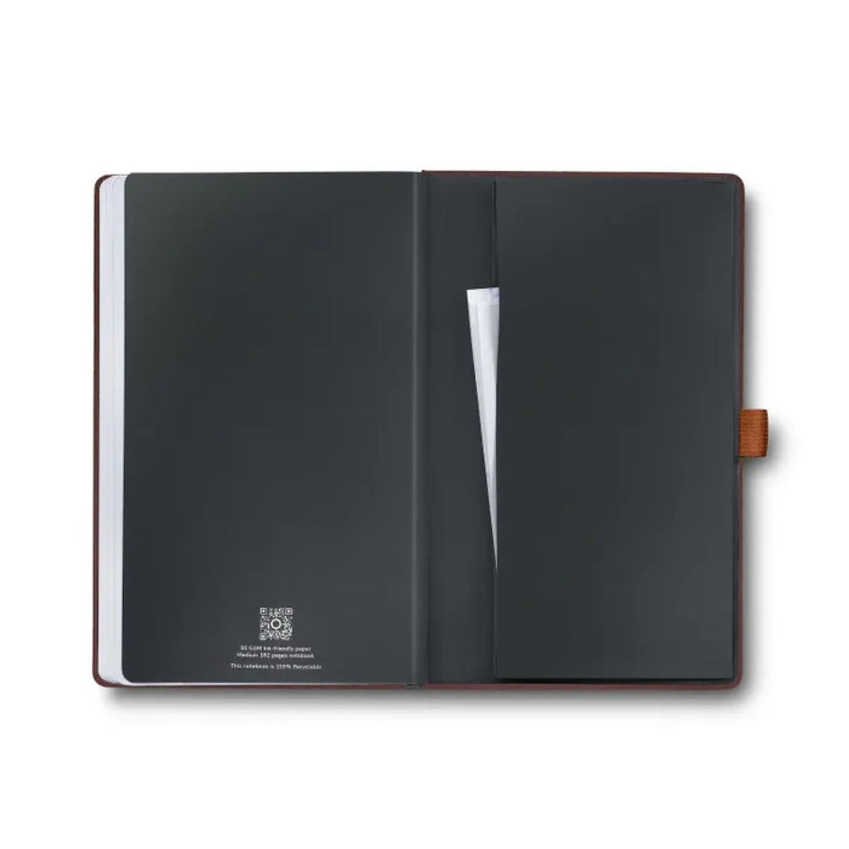 Interior view of Sheaffer Echoes Of Red 90GSM Notebook featuring dark brown hardbound cover and clean pages.