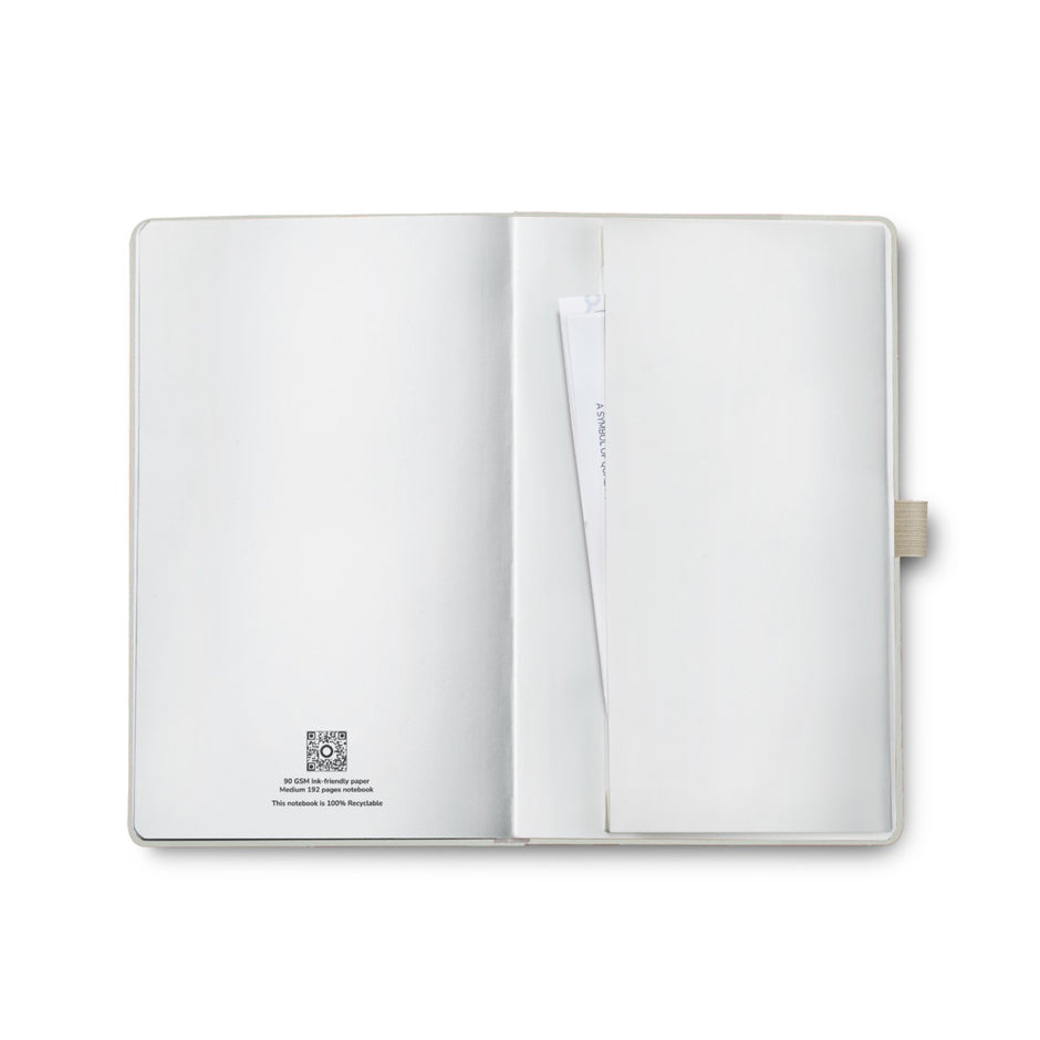 Inside view of the Sheaffer Nature's Muse 90GSM Notebook in light grey, showcasing blank pages and pocket.