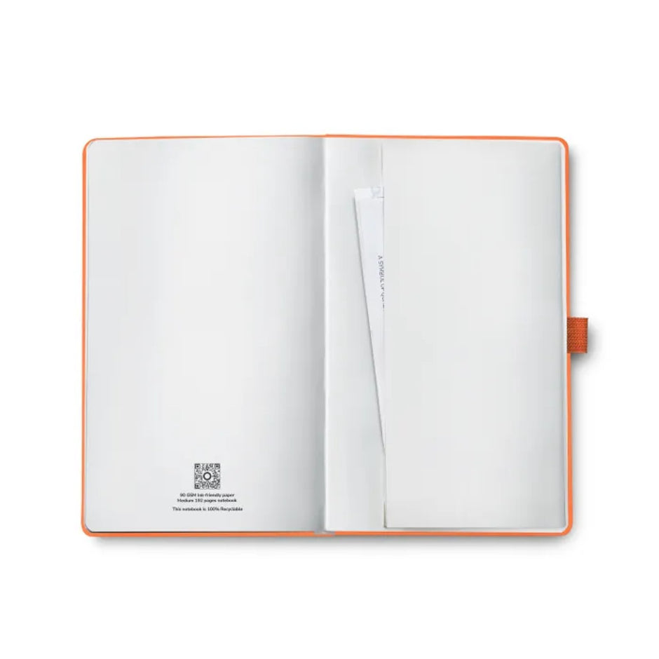 Open interior view of Sheaffer Echoes Of Red 90 GSM Notebook showcasing its blank pages and orange cover.