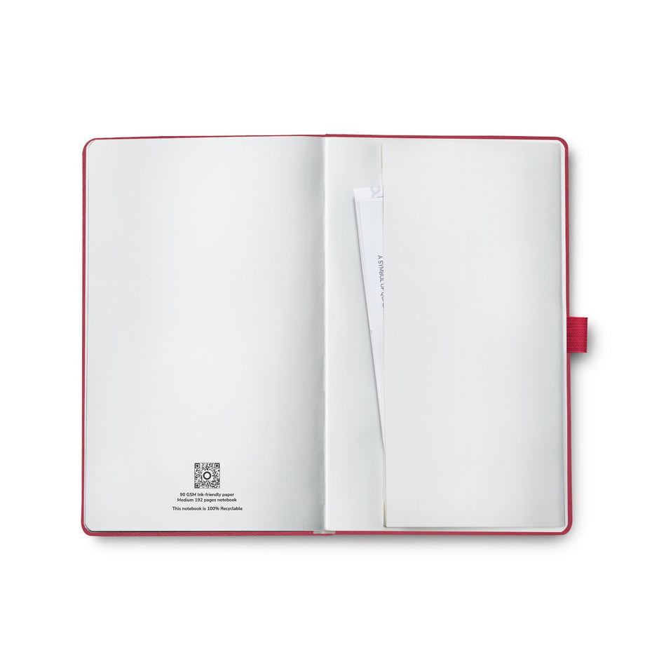 Inside view of the Sheaffer Echoes Of Red 90 GSM Notebook featuring a blank page and pocket.