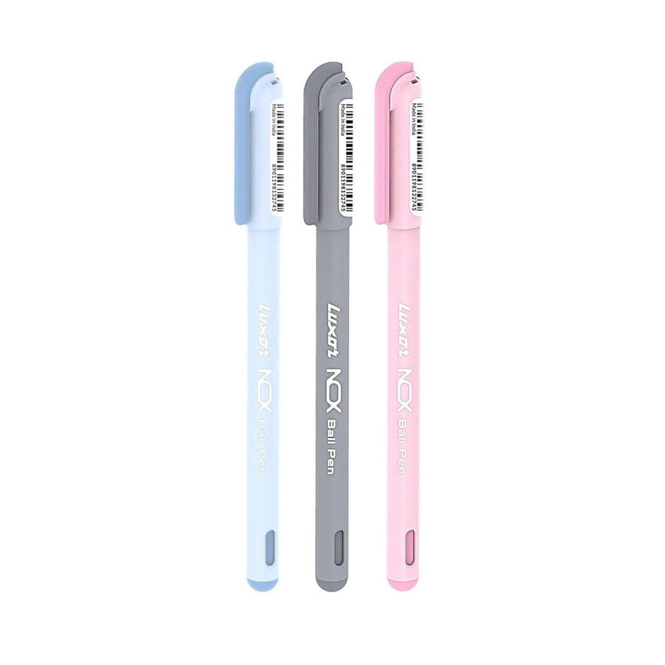 Luxor Nox Ball Pen | Ink Colour - Blue, Black and Red, featuring blue, grey, and pink color options.