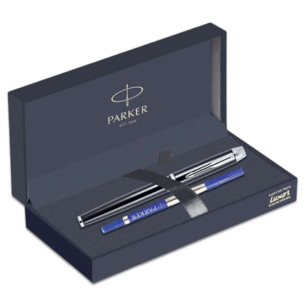 Parker Odyssey Lacque Black CT Roller Ball Pen | Ink Colour - Blue in elegant box packaging.