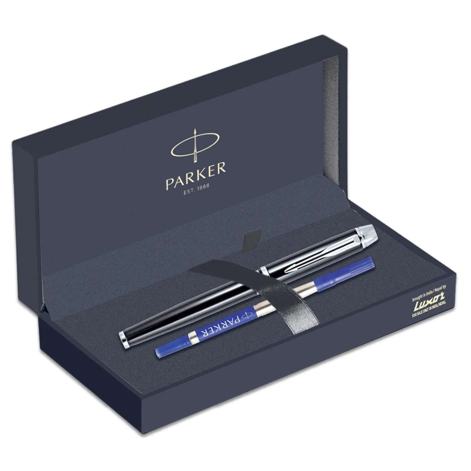 Parker Odyssey Lacque Black CT Roller Ball Pen | Ink Colour - Blue in elegant box packaging.