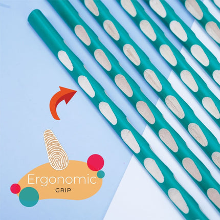 Close-up of teal ergonomic grip pencil highlighting its comfort and design features for better writing control.