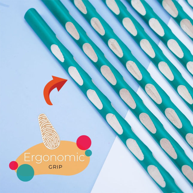 Close-up of teal ergonomic grip pencil highlighting its comfort and design features for better writing control.