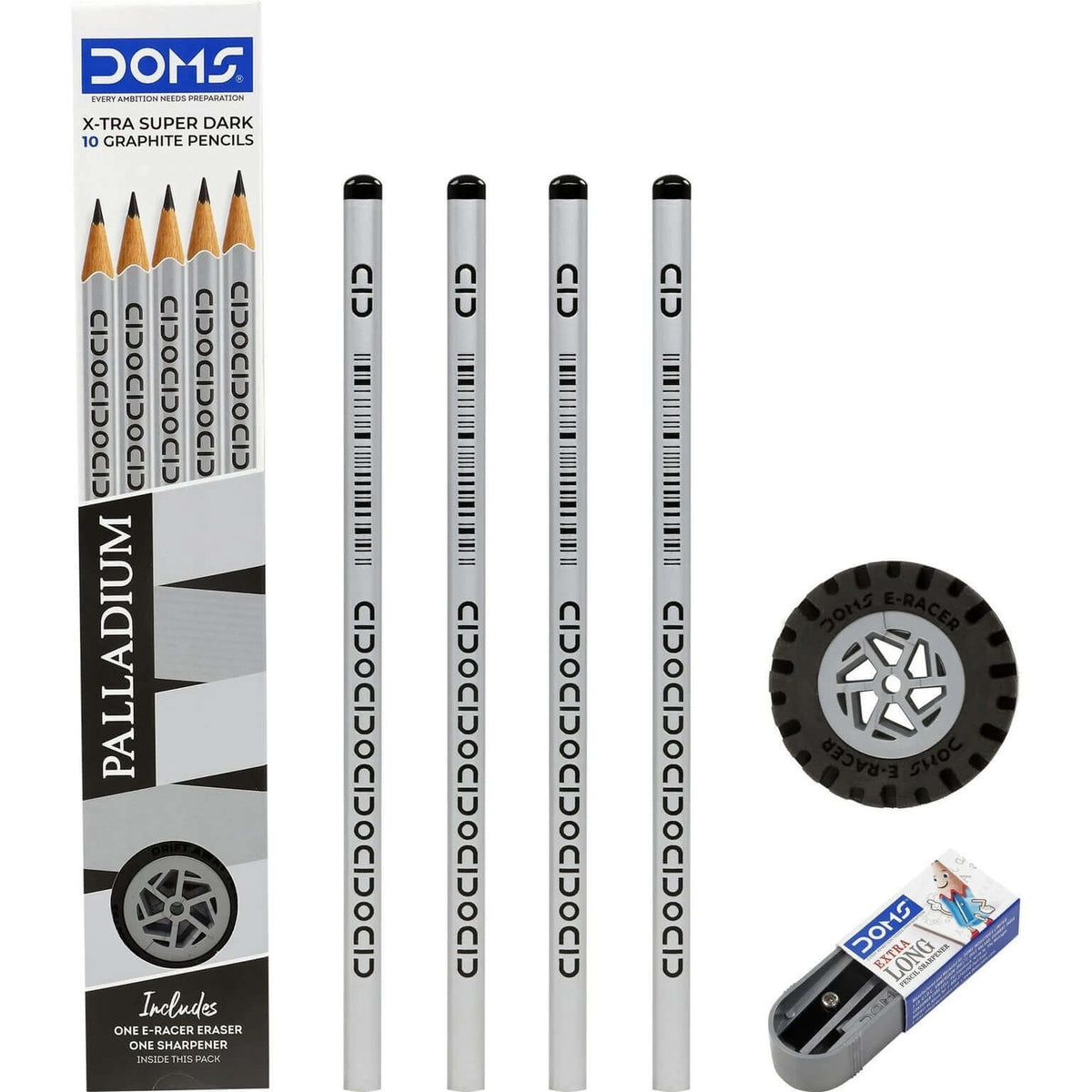 DOMS Palladium Extra Dark Pencils | Includes Eraser and Sharpener with pencils and accessories displayed.