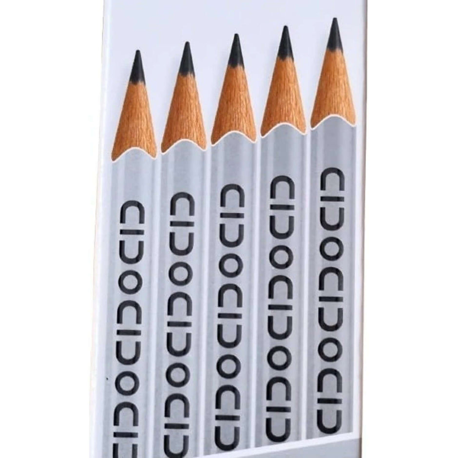 DOMS Palladium Extra Dark Pencils | Includes Eraser and Sharpener, showing sharpened tips and packaging.