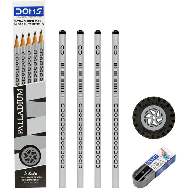 DOMS Palladium Extra Dark Pencils | Includes Eraser and Sharpener with pencils and accessories displayed.