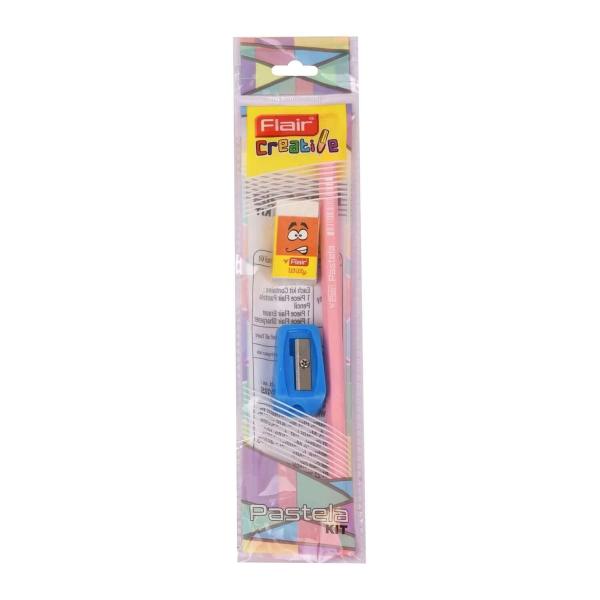 Flair Creative Pastela Pencil Kit | Stationery Kit of 3 Items featuring a pencil, eraser, and sharpener in packaging.