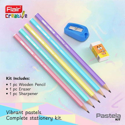 Flair Creative Pastela Pencil Kit | Stationery Kit of 3 Items showcasing colorful pastels, a wooden pencil, eraser, and sharpener.
