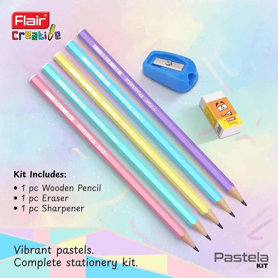 Flair Creative Pastela Pencil Kit | Stationery Kit of 3 Items showcasing colorful pastels, a wooden pencil, eraser, and sharpener.