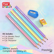 Flair Creative Pastela Pencil Kit | Stationery Kit of 3 Items showcasing colorful pastels, a wooden pencil, eraser, and sharpener.