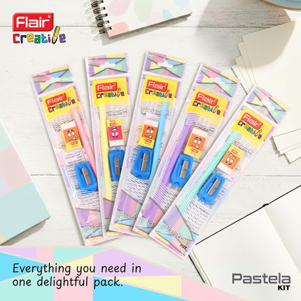 Flair Creative Pastela Pencil Kit | Stationery Kit of 3 Items with pastels, erasers, and sharpeners displayed.