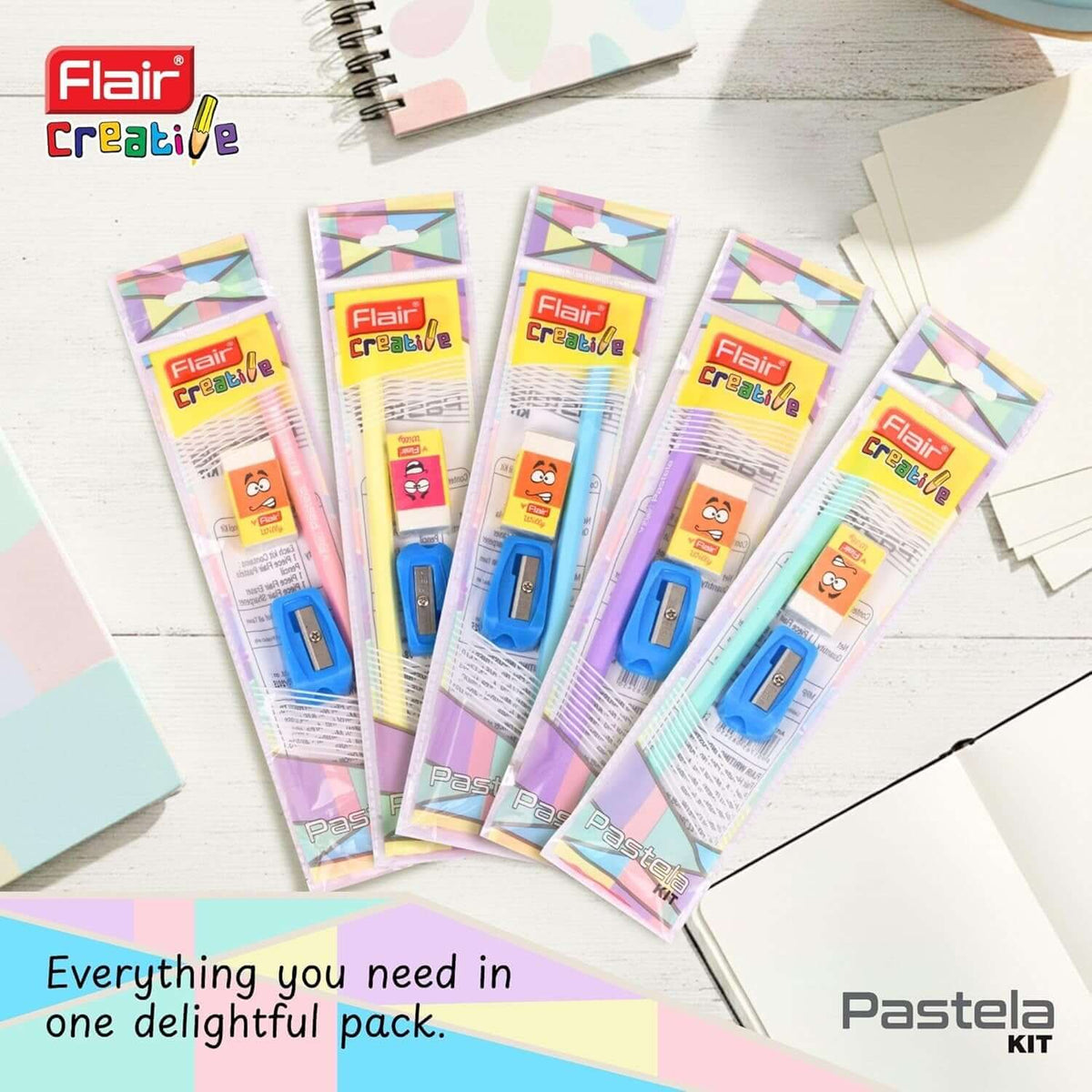 Flair Creative Pastela Pencil Kit | Stationery Kit of 3 Items with pastels, erasers, and sharpeners displayed.