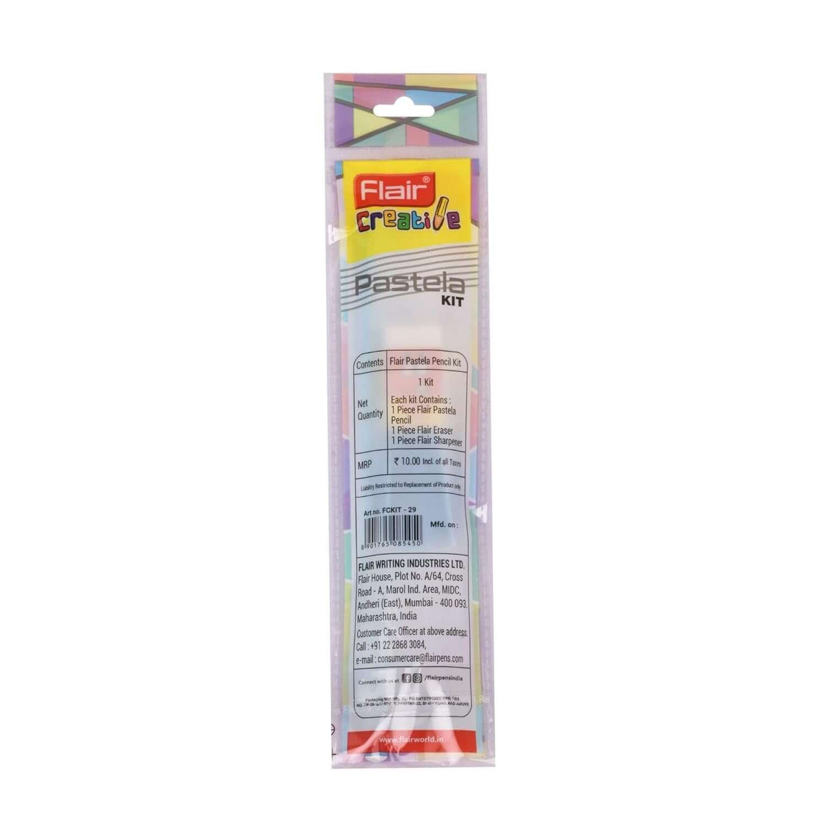 Flair Creative Pastela Pencil Kit | Stationery Kit of 3 Items packaging showing contents and details.