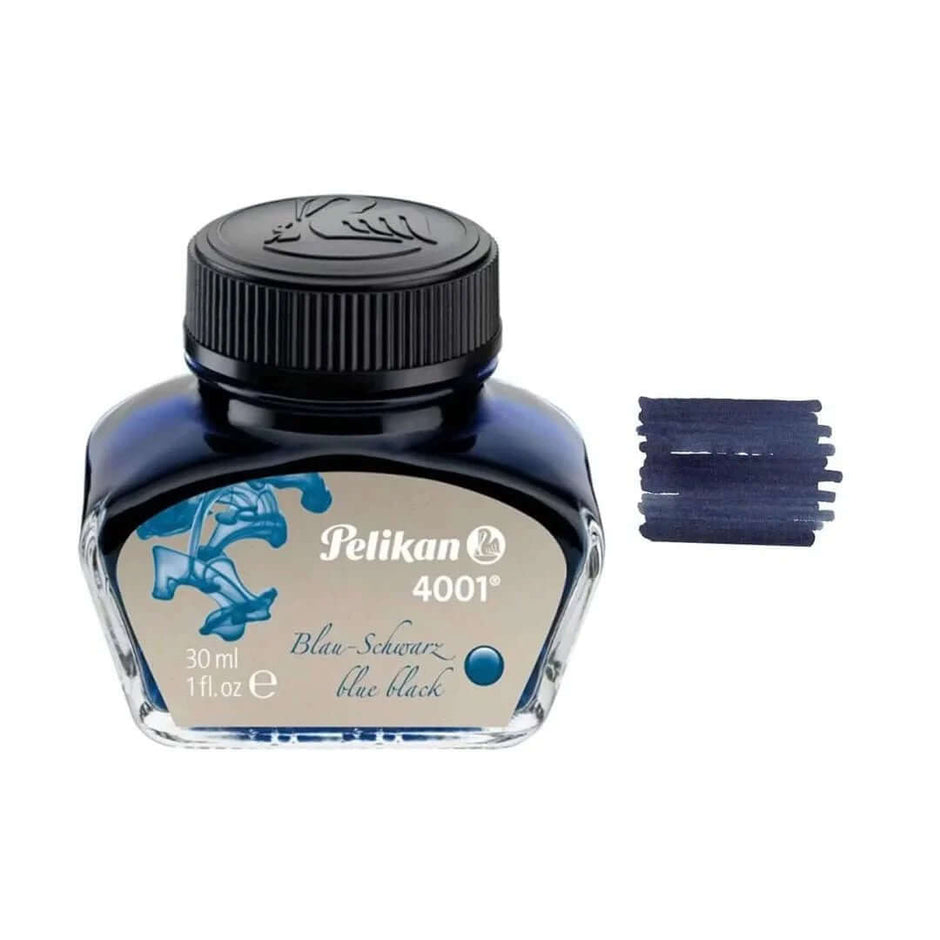 Pelikan 4001 Ink Bottle - 30ML in blue-black color with refill ink strips beside it.