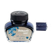 Pelikan 4001 Ink Bottle - 30ML in blue-black color with refill ink strips beside it.