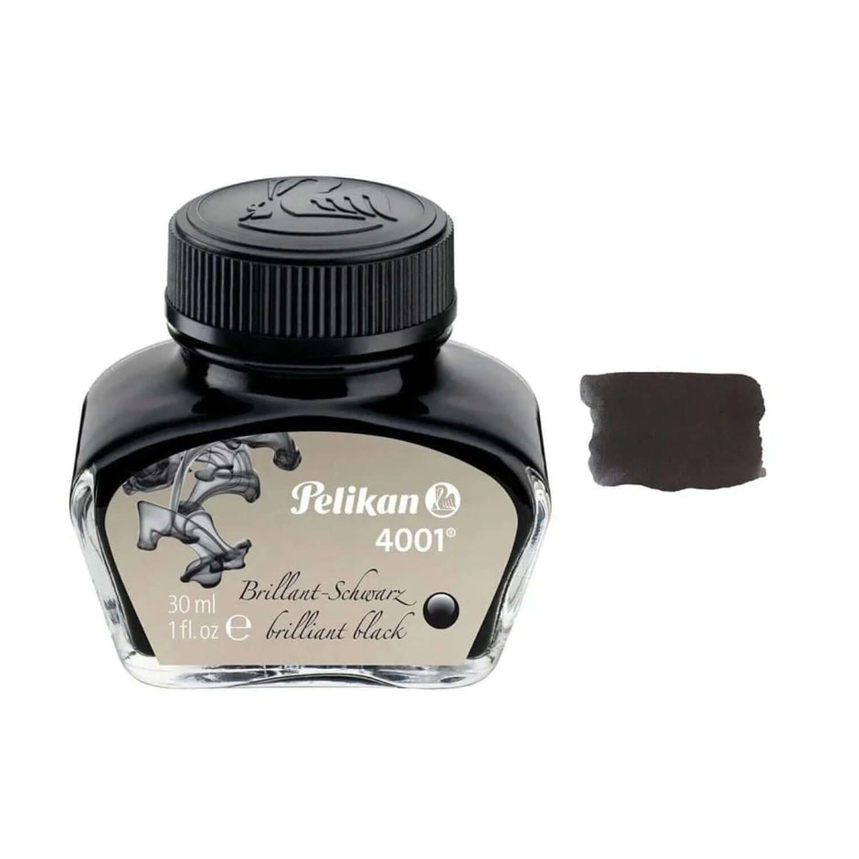 Pelikan 4001 Ink Bottle - 30ML with black ink swatch, premium German ink for expressive handwriting