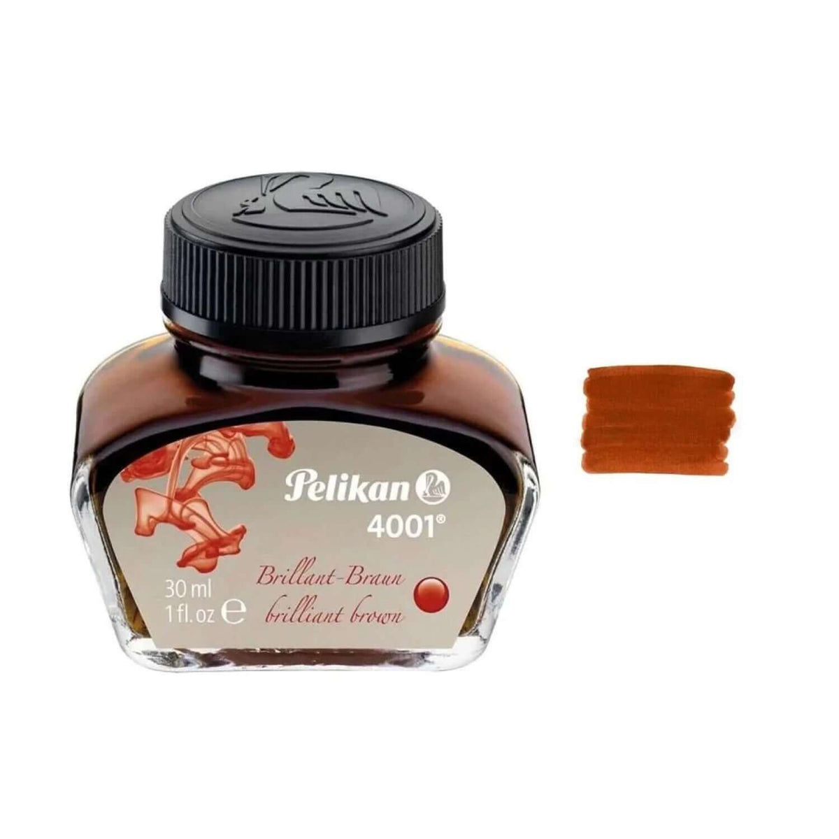 Pelikan 4001 Ink Bottle - 30ML, features a glass bottle containing brown ink, designed for smooth writing.