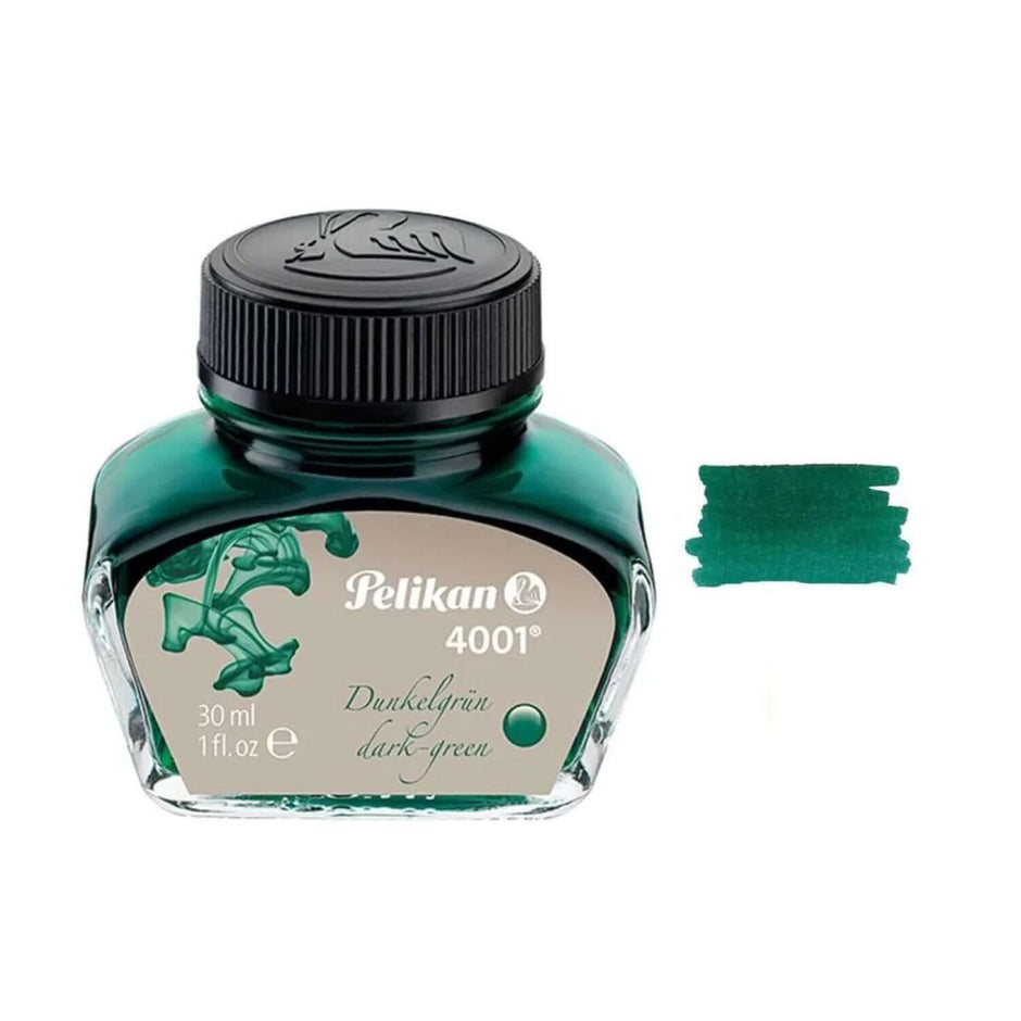 Pelikan 4001 Ink Bottle - 30ML with dark green ink swatch and glass design.
