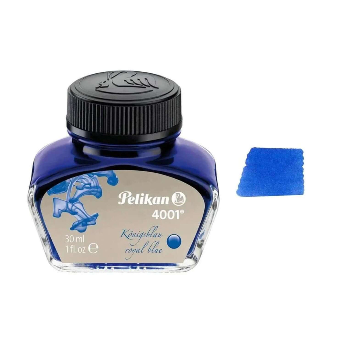 Pelikan 4001 Ink Bottle - 30ML with royal blue ink in a glass bottle next to a blue ink swatch.