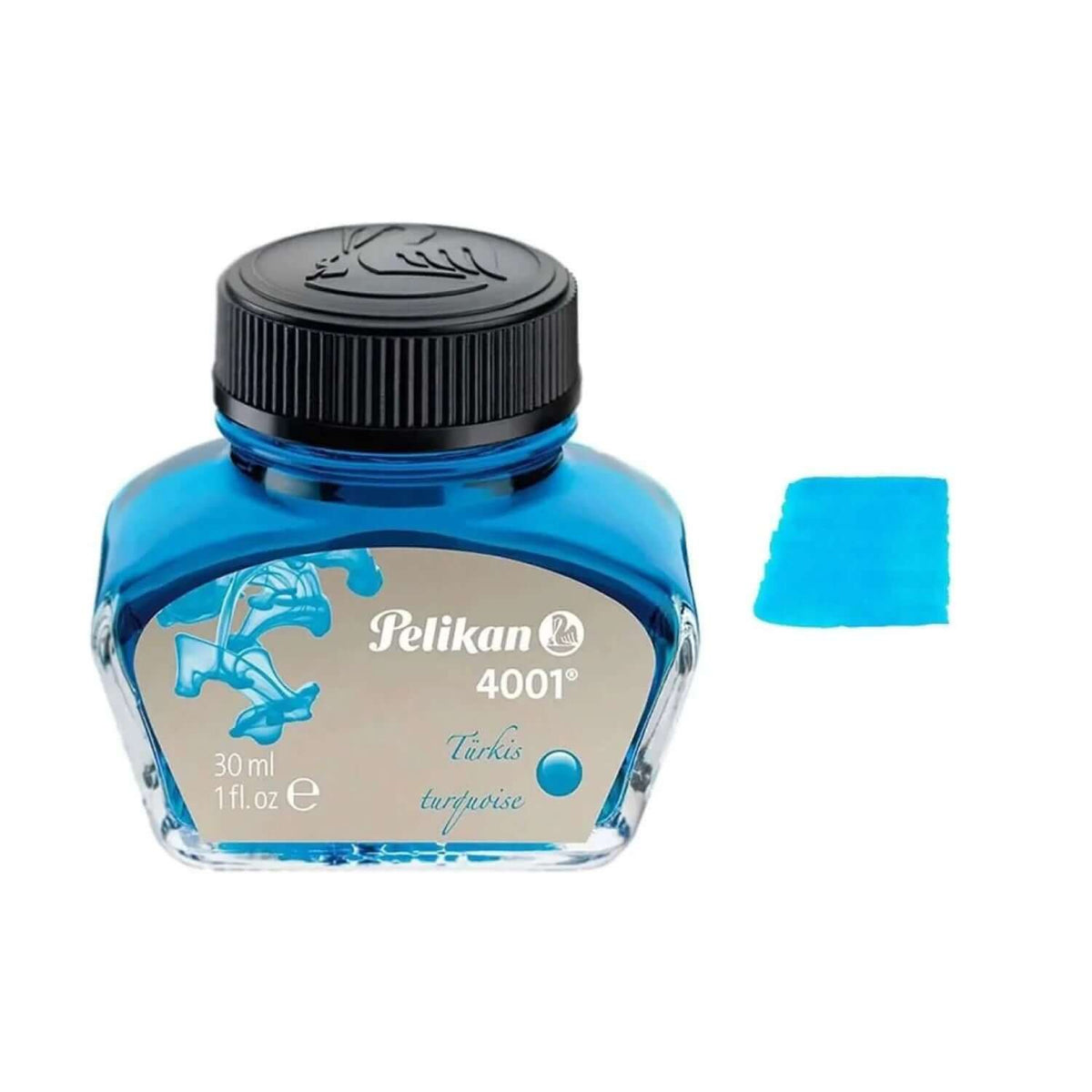 Pelikan 4001 Ink Bottle - 30ML with turquoise ink and glass design for smooth writing.