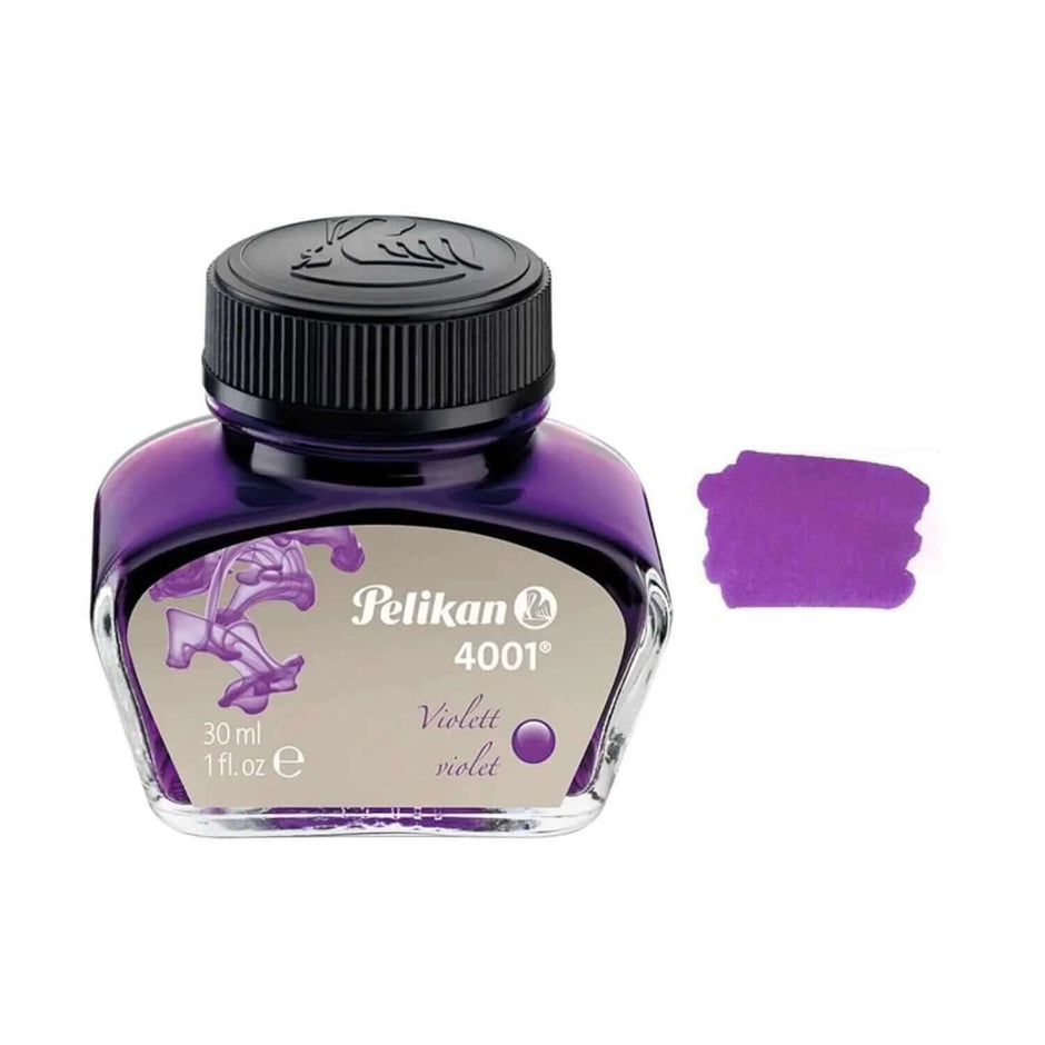Pelikan 4001 Ink Bottle - 30ML with violet ink swatch and elegant glass design.