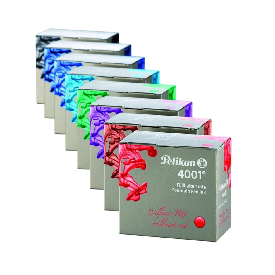 Pelikan 4001 Ink Bottle - 30ML assorted ink colors in boxes, showcasing vibrant fountain pen inks.