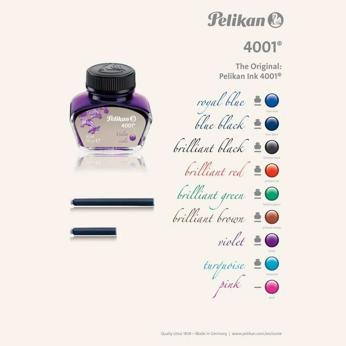 Pelikan 4001 Ink Bottle - 62.5ML showcasing various ink colors and the purple glass bottle design.