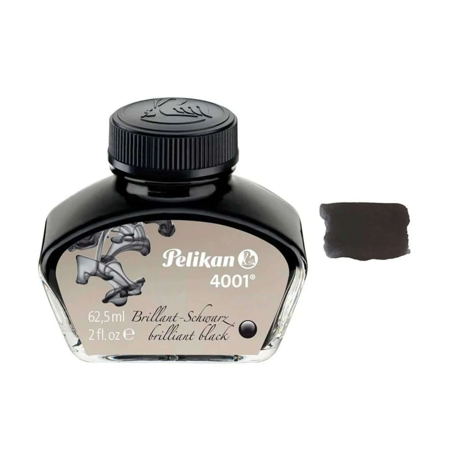 Pelikan 4001 Ink Bottle - 62.5ML in a glass bottle with black ink swatch.