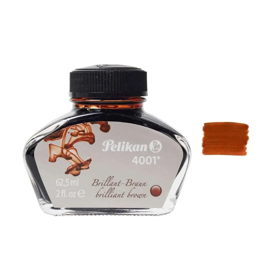 Pelikan 4001 Ink Bottle - 62.5ML showcasing brilliant brown hue in a 62.5ML glass bottle.