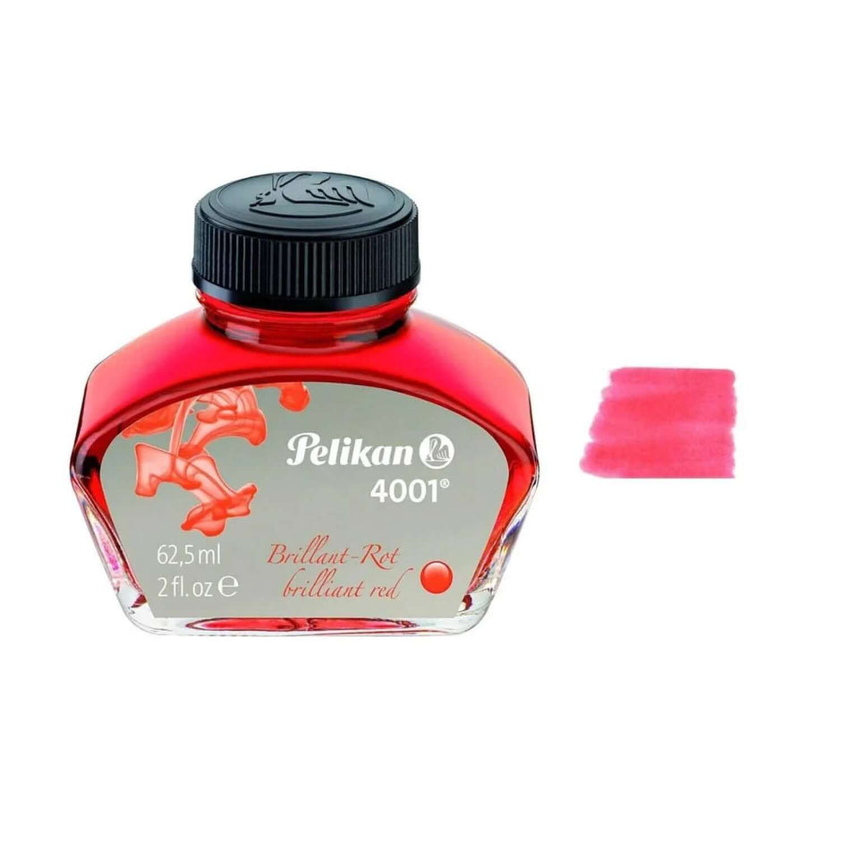 Pelikan 4001 Ink Bottle - 62.5ML featuring bright red ink with a glass bottle design.
