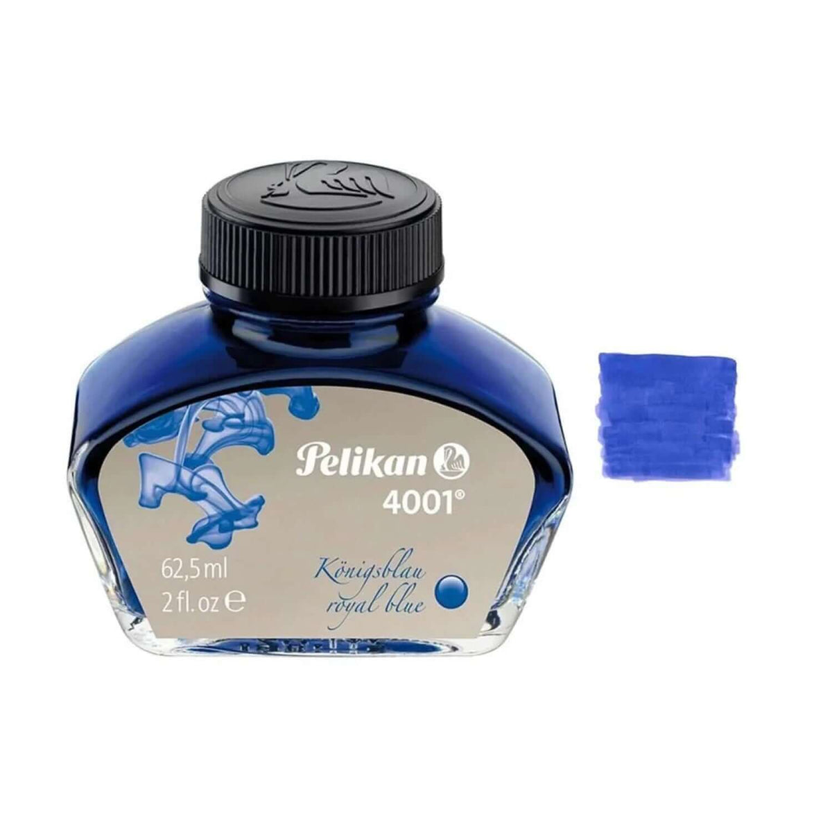 Pelikan 4001 Ink Bottle - 62.5ML in a glass bottle with royal blue ink swatch.