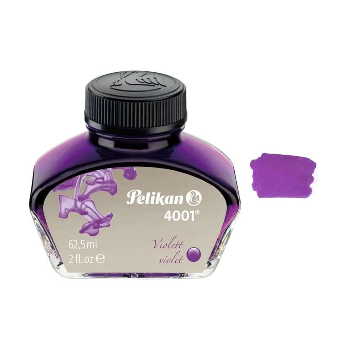 Pelikan 4001 Ink Bottle - 62.5ML with vibrant violet ink swatch and elegant glass design.