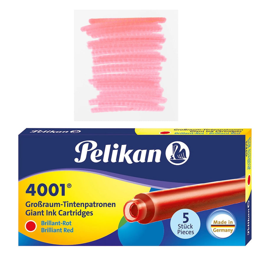 Pelikan GTP5 Long Ink Cartridges pack of 5 with brilliant red ink for superior writing performance.