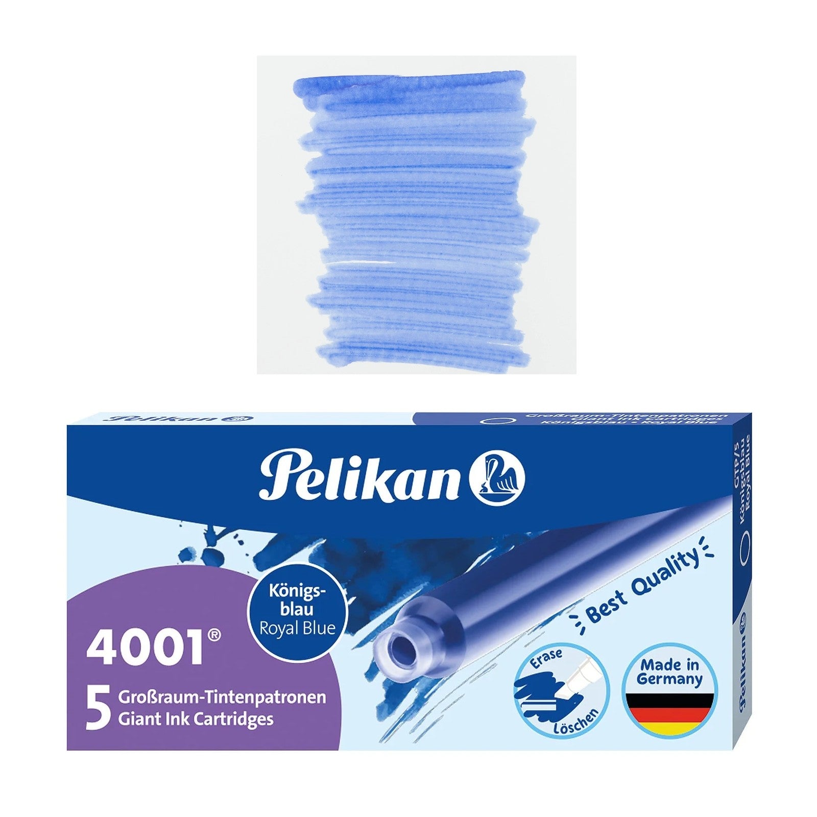 Pelikan GTP5 Long Ink Cartridges in a blue box with royal blue ink swatch for superior writing performance