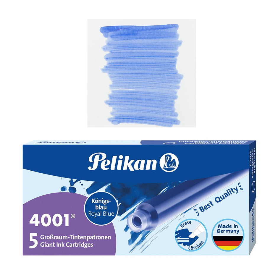 Pelikan GTP5 Long Ink Cartridges in a blue box with royal blue ink swatch for superior writing performance