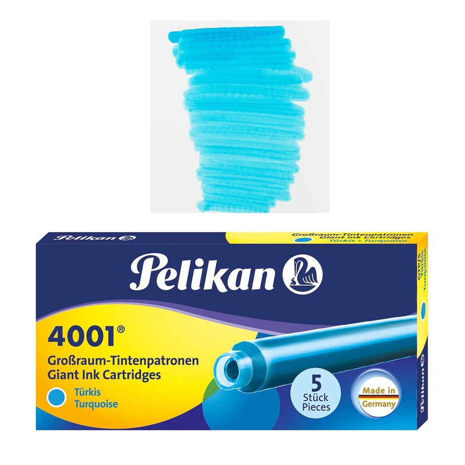 Pelikan GTP5 Long Ink Cartridges in turquoise color, pack of 5 for superior writing performance.