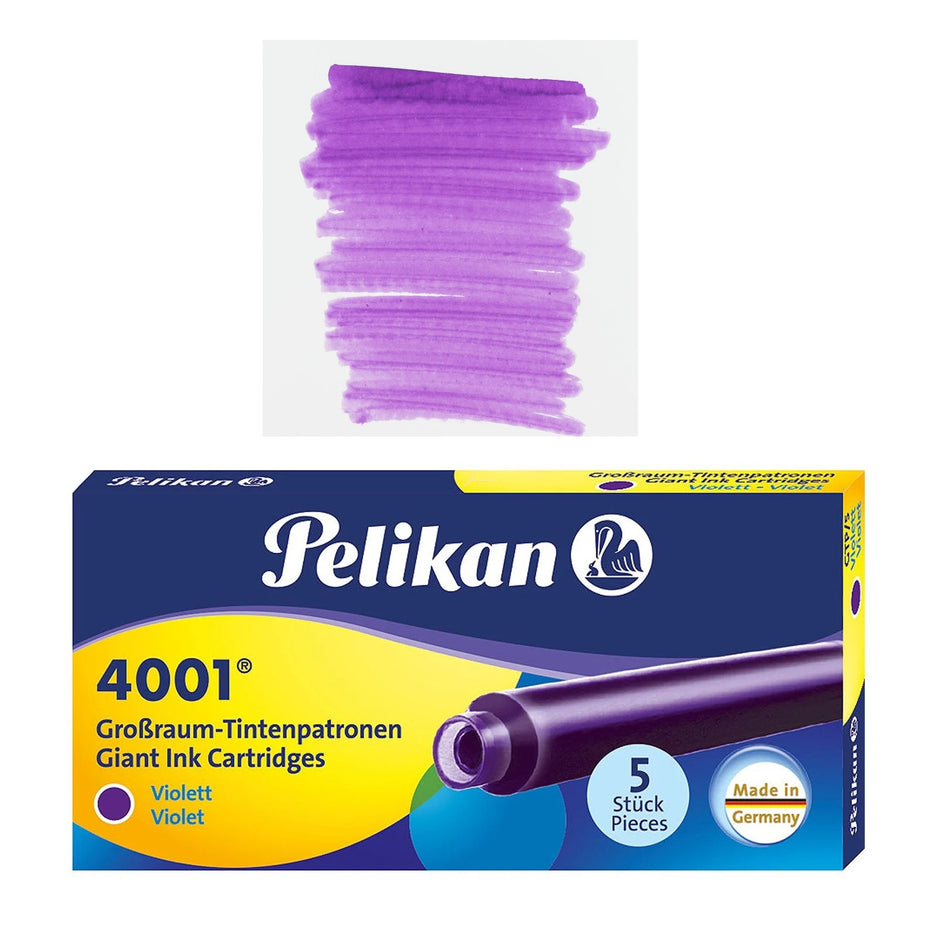 Pelikan GTP5 Long Ink Cartridges pack of 5, showing vibrant violet ink color swatch for superior writing.