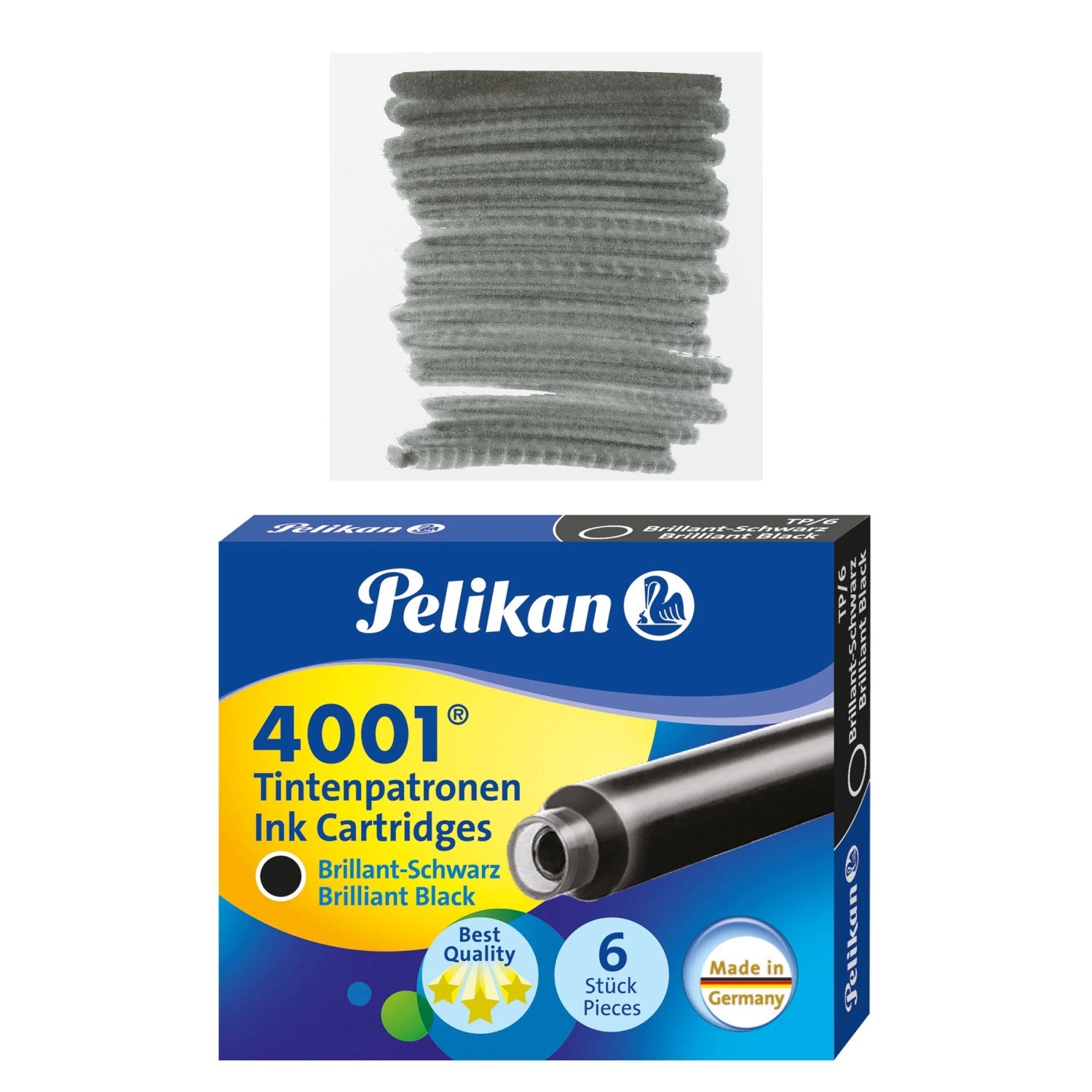Pelikan TP6 Short Ink Cartridges pack of 6 in brilliant black with durable cartridge design.