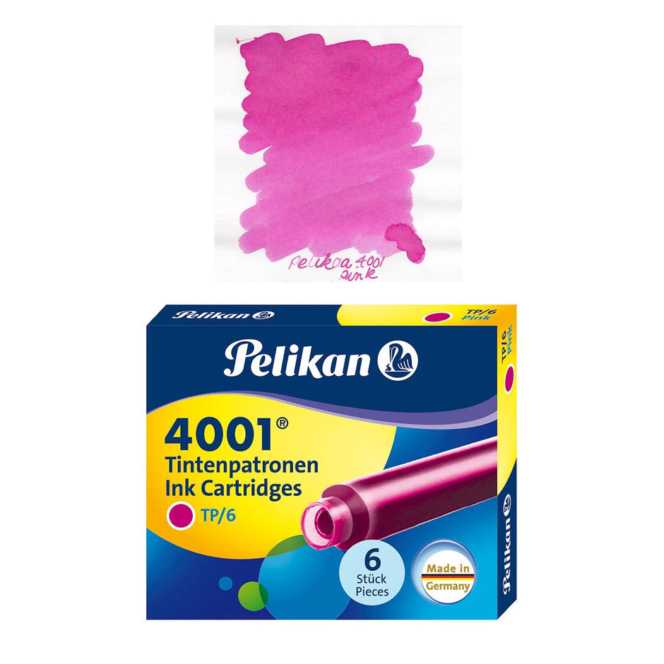 Pelikan TP6 Short Ink Cartridges pack of 6 with vibrant pink ink swatch demonstrating quality.