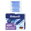 Pelikan TP6 Short Ink Cartridges in blue color, pack of 6, delivering premium writing performance.
