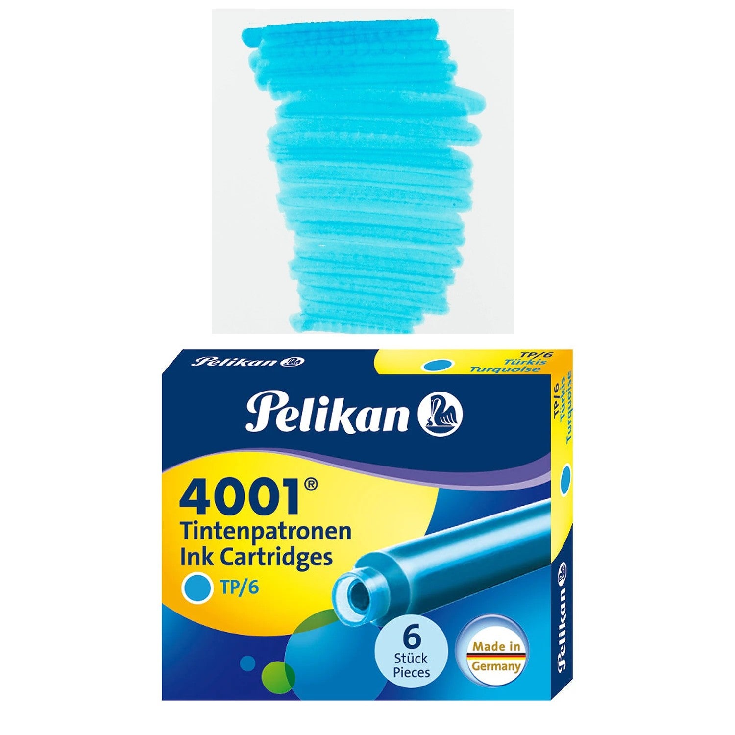 Pelikan TP6 Short Ink Cartridges packaging and blue ink sample, featuring 6 high-quality cartridges for vibrant writing.
