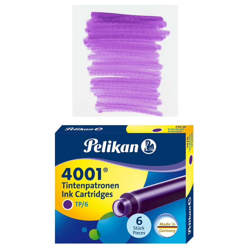 Pelikan TP6 Short Ink Cartridges pack of 6 with vibrant purple ink swatch above the box.